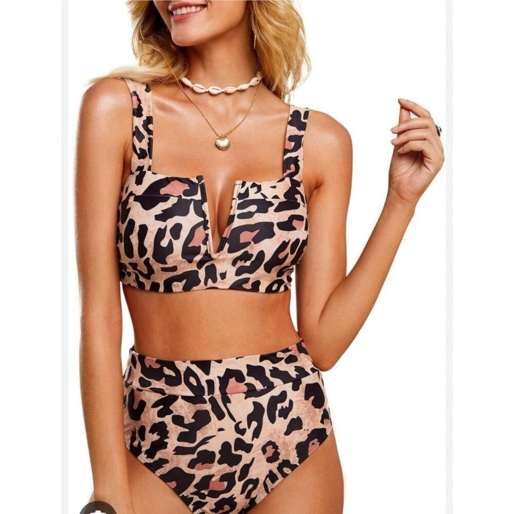 Womens High-Waisted Cheetah Print Bikini Set V-Neck Top & Stretchy Fit Size L